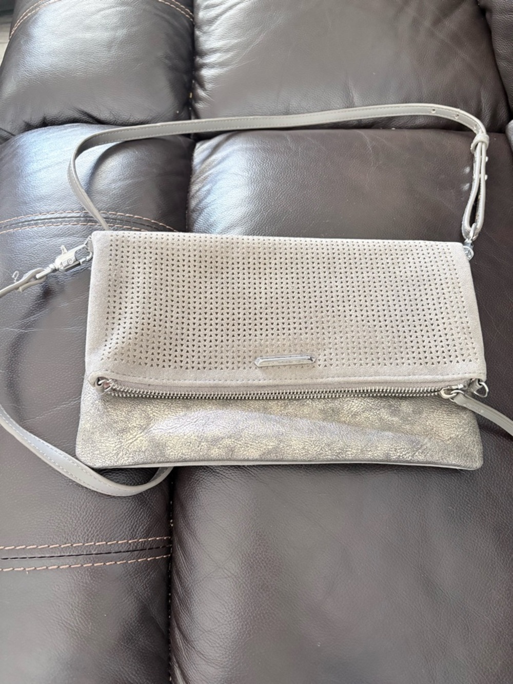 Stella & Dot Light Gray Perforated Fold-Over Crossbody